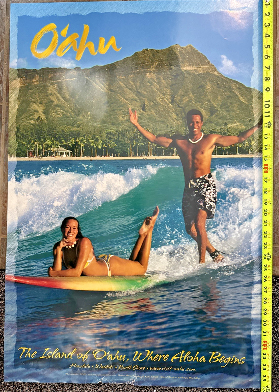O'ahu Hawaii Island Travel Poster Vintage Surfing Ocean Volcano Tropical 36" EUC